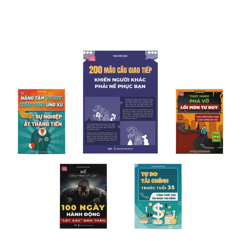 COMBO 5 CUỐN SÁCH: 200 mẫu câu giao tiếp, phá vỡ lối mòn tư duy, nâng tầm tư duy, 100 ngày lột xác, Tự do tài chính