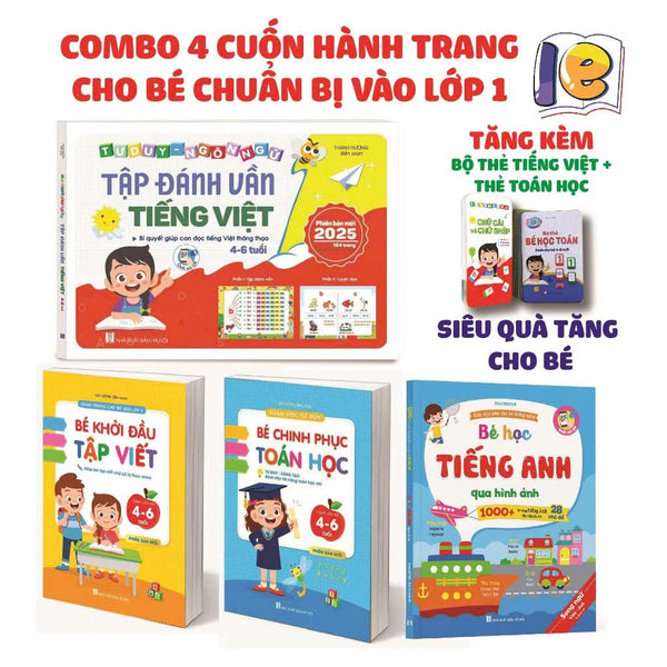 Combo 4 cuốn Hành trang cho bé tự tin vào lớp 1 2025 (Tặng kèm thẻ flash card tiếng việt + thẻ học toán)
