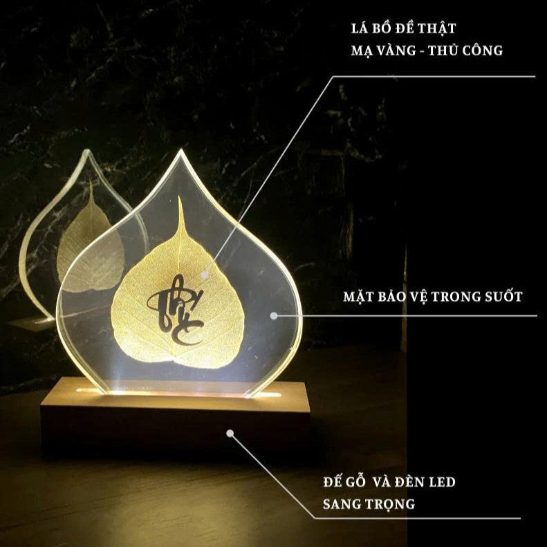 Đèn Lá Bồ Đề - Chữ Thư Pháp Mạ Vàng