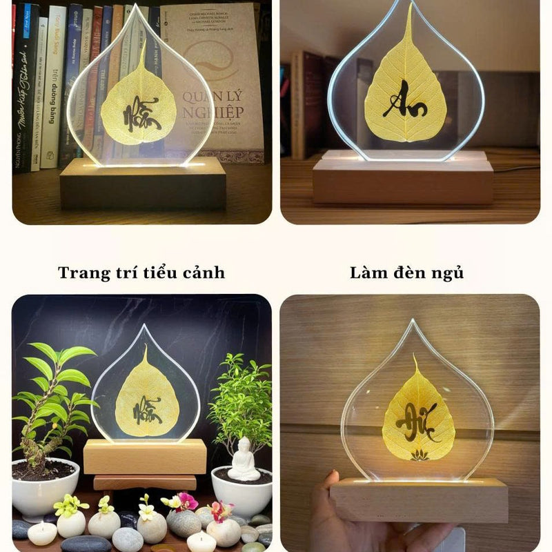 Đèn Lá Bồ Đề - Chữ Thư Pháp Mạ Vàng