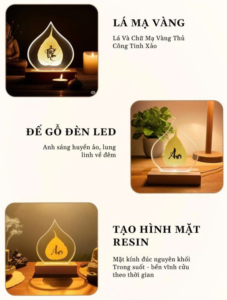 Đèn Lá Bồ Đề - Chữ Thư Pháp Mạ Vàng